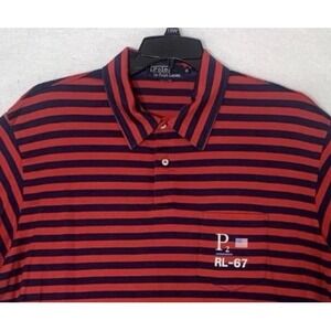 VTG Polo Ralph Lauren‎ Polo Shirt Red RL-67 P2 Flag Striped Logo 90s Made USA